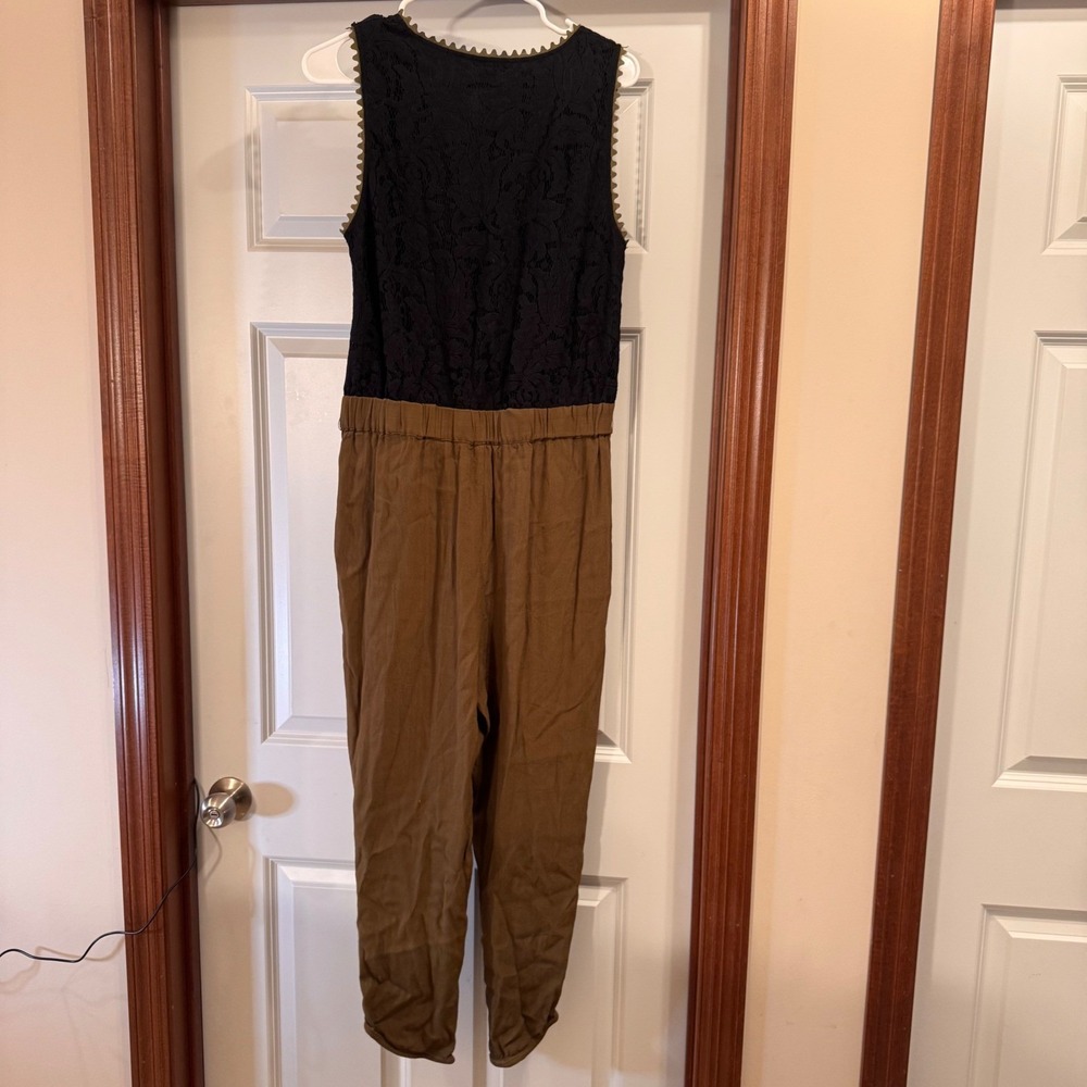 Anthropologie Leifsdottir Whimsigoth Olive Green Black Jumpsuit Lace Belt Sz 10 - Picture 8 of 16